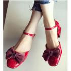 Bow Ankle Strap Block Heel Faux Leather Pumps