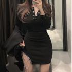 Long-sleeve Placket Mini Dress As Shown In Figure - One Size