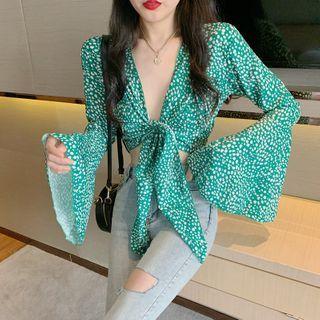 Dotted Flared-sleeve Crop Top
