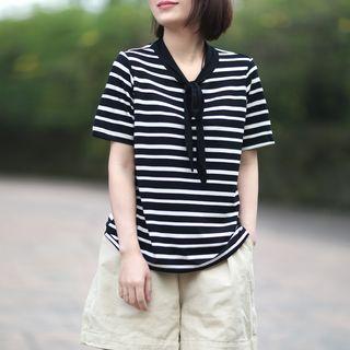 Short-sleeve Striped Knit Top Stripes - Black & White - One Size