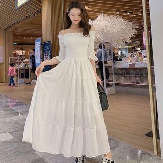 Elbow-sleeve Smocked A-line Maxi Dress