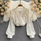 Round-neck Faux Pearl Lace Ruffle Puff-sleeve Shirt Almond - One Size
