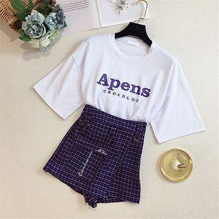 Set: Lettering Short-sleeve T-shirt + Plaid Mini A-line Skort