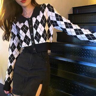 Long-sleeve Argyle Knit Top Black - One Size