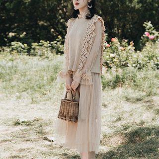 Set: Lace Trim Rib Knit Vest + Bell-sleeve A-line Midi Mesh Dress