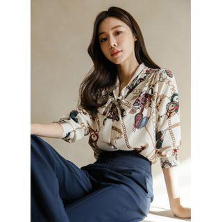 Tie-neck Scarf-printed Blouse Light Beige - One Size