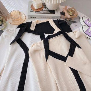 Long-sleeve Square-neck Two-tone Knit Top
