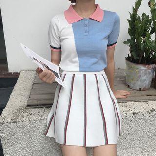 Set: Color Block Short Sleeve Polo Shirt + Striped Knit A-line Skirt