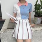 Set: Color Block Short Sleeve Polo Shirt + Striped Knit A-line Skirt
