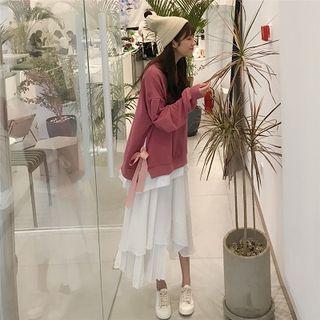 Plain Crewneck Lace-up Long-sleeve Sweatshirt / Plain High-waist Skirt