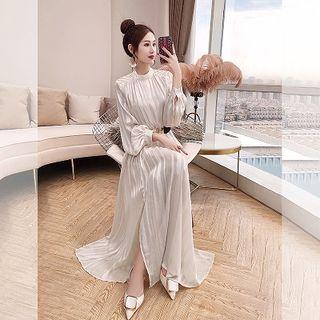 Long-sleeve Rhinestone Trim A-line Maxi Dress