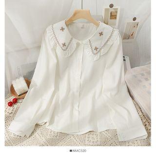 Embroidered Ruffle-trim Loose Shirt White - One Size