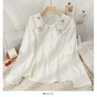 Embroidered Ruffle-trim Loose Shirt White - One Size