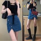 Denim Mini Skirt / Short-sleeve Top
