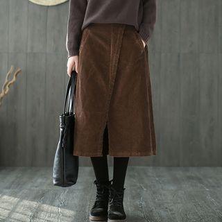 Slit-front Midi Corduroy Skirt