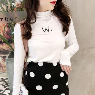 Mock Turtleneck Lettering Long-sleeve Top