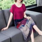Short-sleeve Faux Silk Printed A-line Dress
