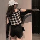 Mock-two-piece Off-shoulder Plaid Shirt Black - One Size