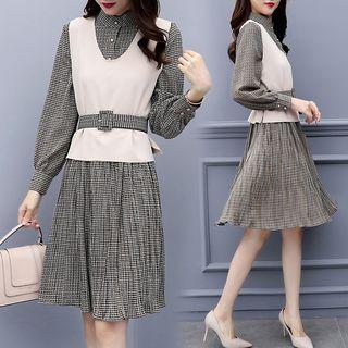 Set: Long-sleeve Plaid A-line Dress + Vest