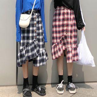 Long Sleeve Frilled Asymmetric Hem Plaid Midi Skirt