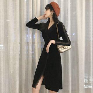 Lace Velvet V-neck Long-sleeve Slim-fit Dress Black - One Size