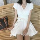 Plain V-neck Short-sleeve Slim-fit Top / High-waist Skort