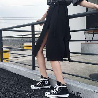 Belted Slit A-line Skirt