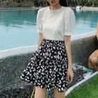 Puff Sleeve Top / Floral Print A-line Skirt