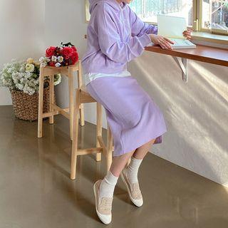 Set: Letter Print Hooded Top + Band-waist Slit-side Skirt