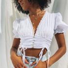 Puff Sleeve V-neck Lace-trim Drawstring Crop Top