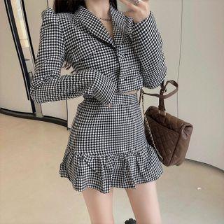 Puff-sleeve Plaid Blazer / A-line Skirt