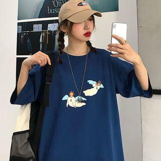 Elbow-sleeve Cartoon Printed T-shirt Dark Blue - One Size