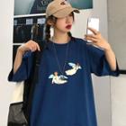 Elbow-sleeve Cartoon Printed T-shirt Dark Blue - One Size