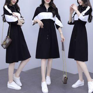 Two-tone 3/4-sleeve A-line Pullover Dress