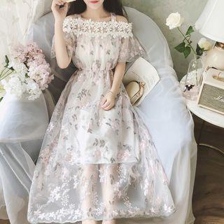 Elbow-sleeve Cold Shoulder Embroidered A-line Midi Dress