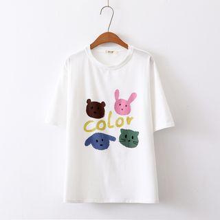 Short Sleeve Animals Print T-shirt White - One Size