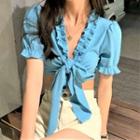 Short-sleeve Ruffled Crop Top Blue - One Size