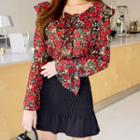 Ruffle-collar Bell-sleeve Floral Blouse