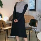 Set: Knit Long-sleeve Midi A-line Dress + Cropped Sweater Vest