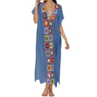 Short-sleeve Flower Embroidered Crochet Knit Midi Dress
