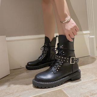 Studded Block Heel Lace Up Short Boots