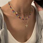 Set: Beaded Necklace + Pendant Necklace Set - 2276 - Gold - One Size