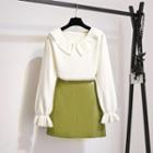 Set: Collared Sweater + Faux-leather A-line Skirt