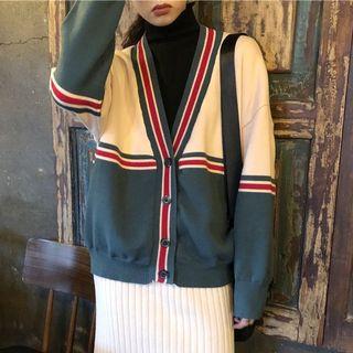 Color Block Cardigan / High Waist Straight-fit Knit Skirt