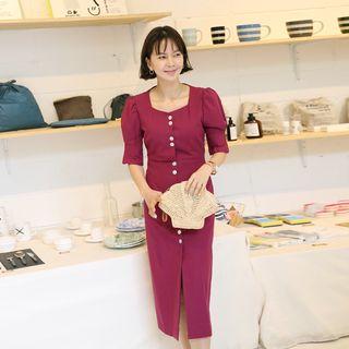 Puff-sleeve Sheath Cotton Shirtdress