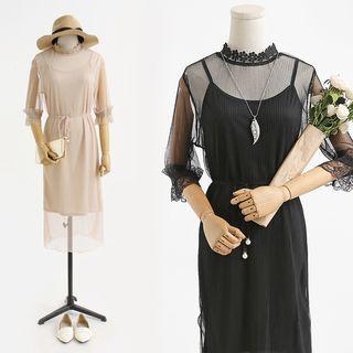 Elbow-sleeve Lace-trim Tie-waist Dress