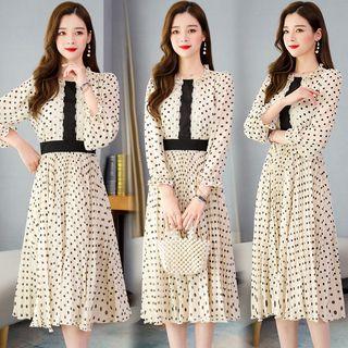 Set: Long-sleeve Midi Dotted Pleated Dress + Camisole