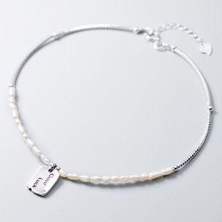 925 Sterling Silver Lettering Faux Pearl Anklet S925 Silver - As Shown In Figure - One Size