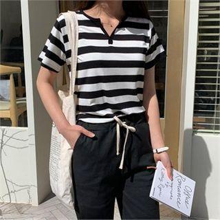 Open-placket Striped T-shirt