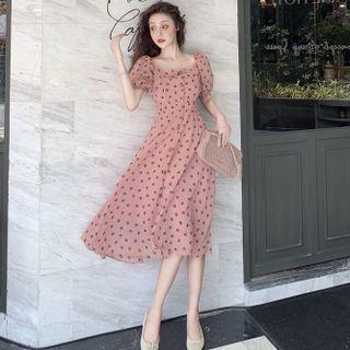 Puff-sleeve Dotted Midi A-line Dress Dotted Dress - Pink - One Size